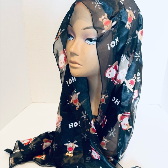 Holiday Christmas Scarves Red Black Santa Reindeer Snowman Lot of Three 58 x 13" - Picture 3 of 16